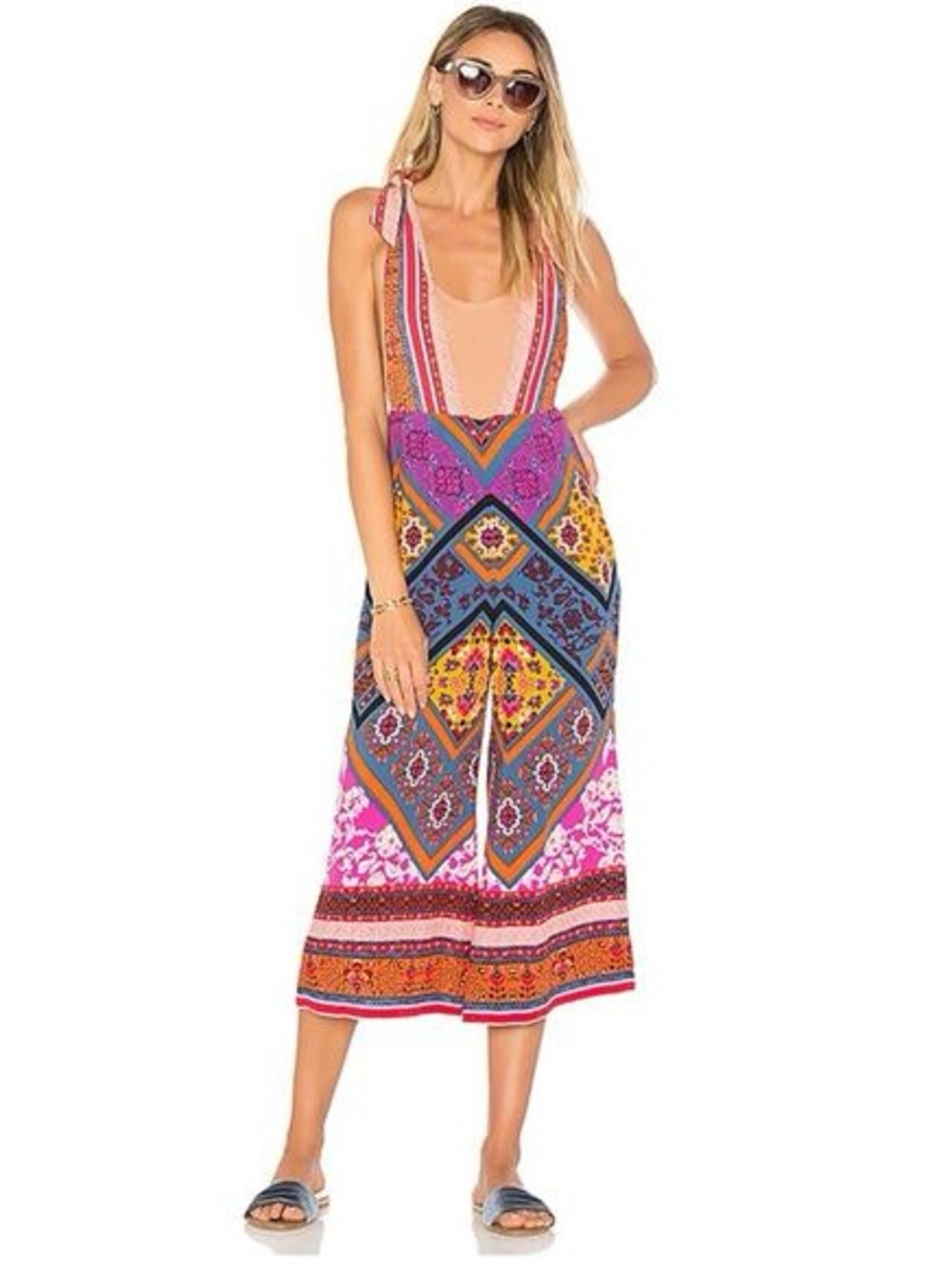 Free People EUC Maritzah Printed Mixed Pattern Culotte Boho Jumpsuit Size 4
